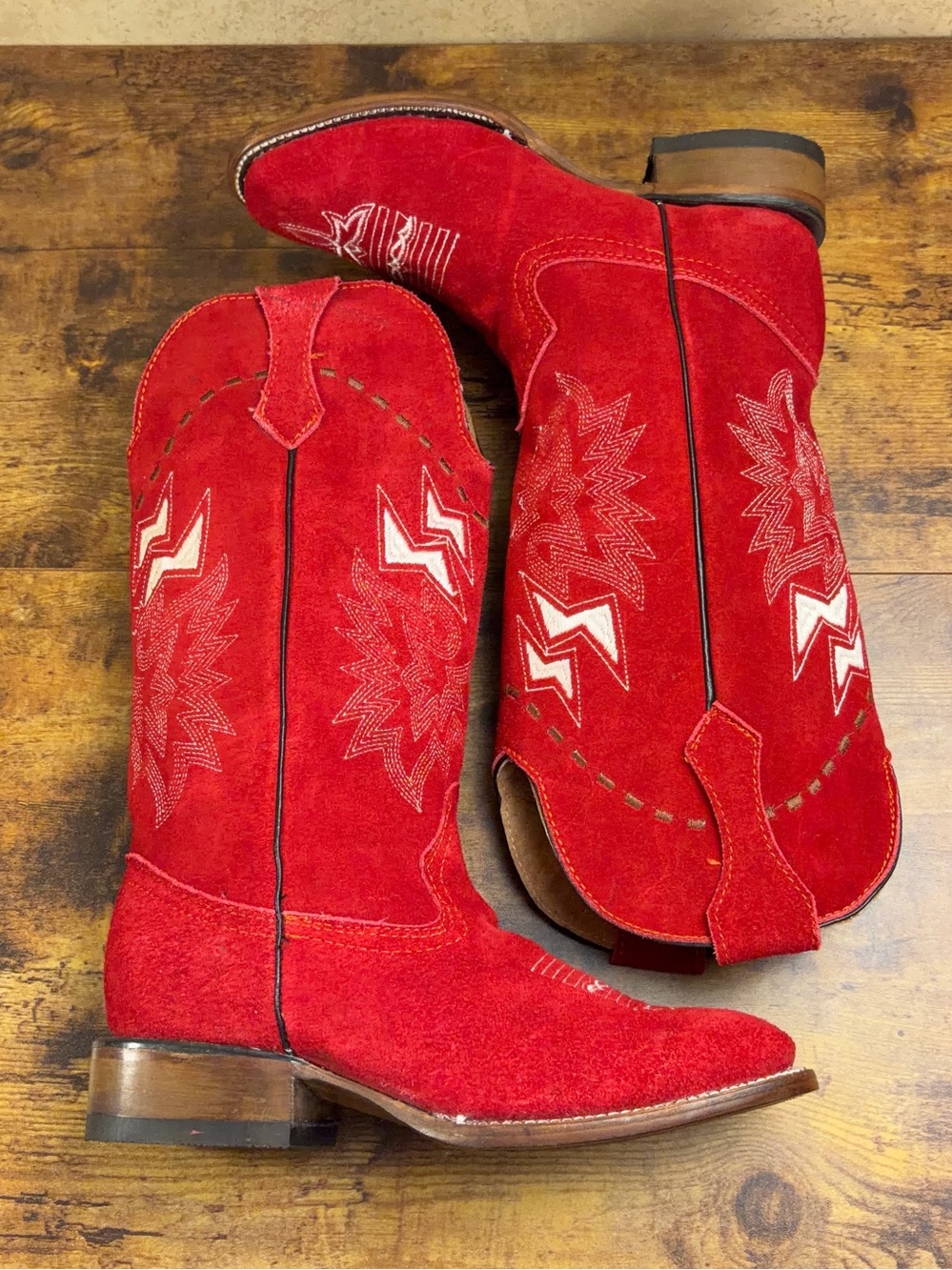 Mexican Handmade Western Boots Womens Size 8 Red Suede Roughout Stitch Cowgirl